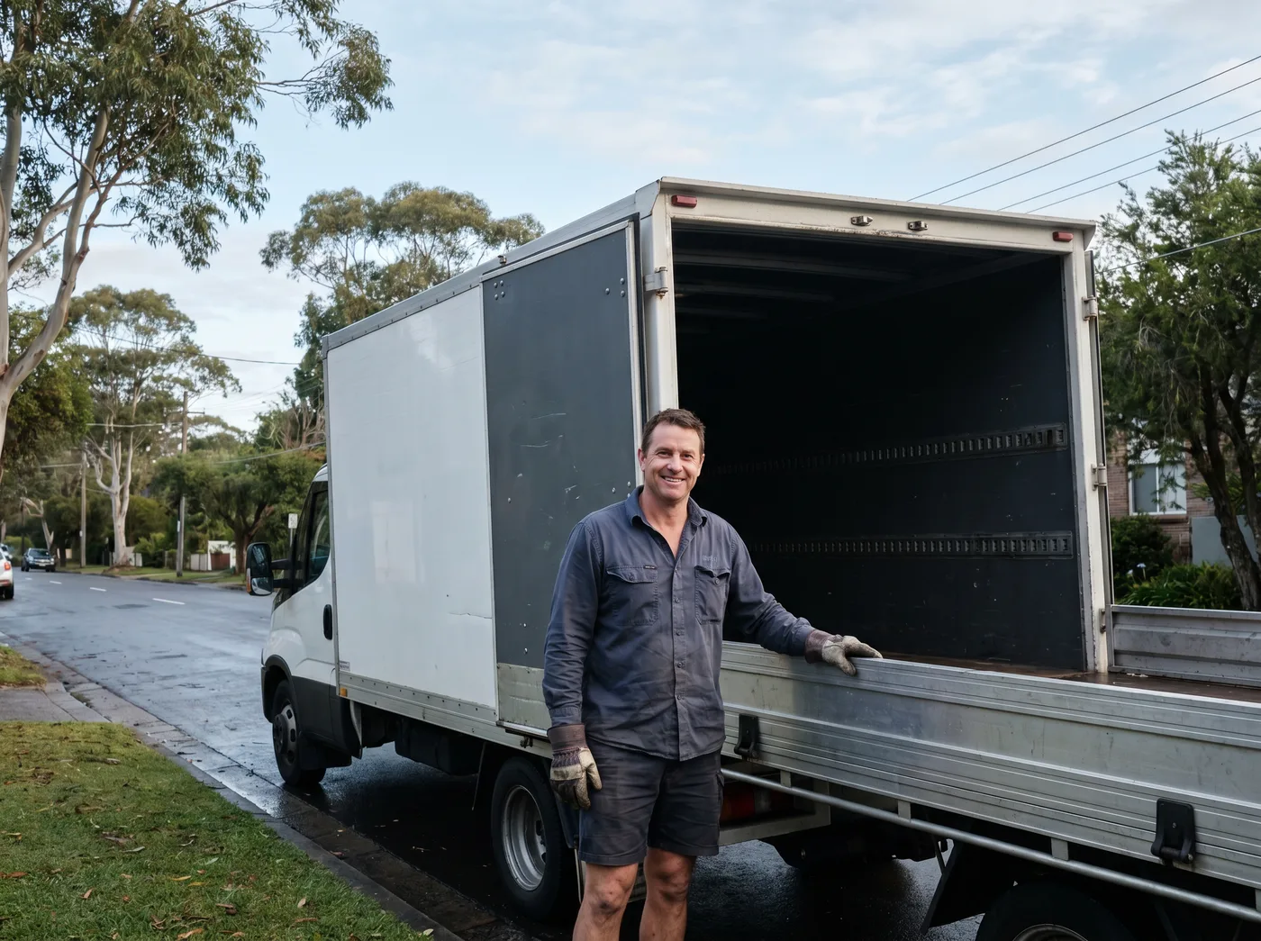 A crew member in a plain slate work shirt standing at the open tail of a box truck on a leafy street