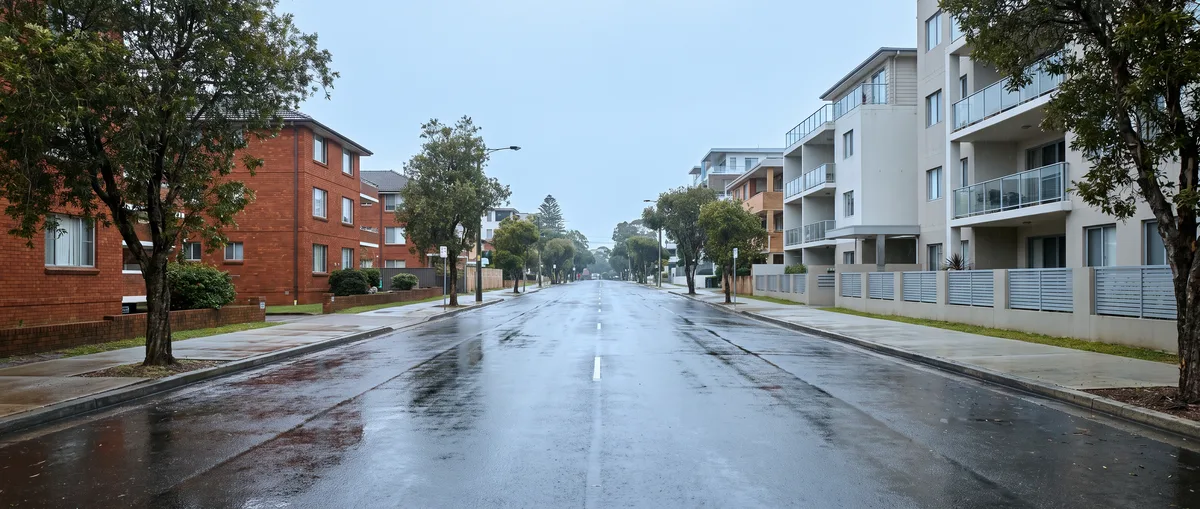 Mid-rise apartment buildings lining a wide main road in Dee Why, older brick walk-ups beside newer rendered blocks, wet bitumen drying after a wind change