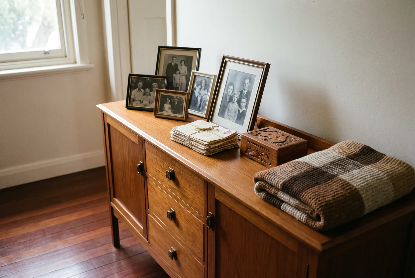 A timber sideboard holding framed family photographs, a bundle of letters tied with string, a carved wooden box and a folded knitted blanket, set apart during a clearance