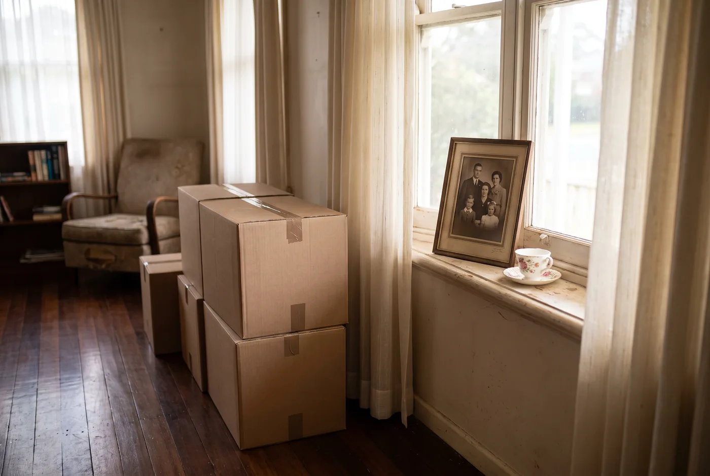 A quiet room in an older family home mid-clearance: taped cartons on timber floorboards, a framed family photograph and a teacup set aside on the windowsill