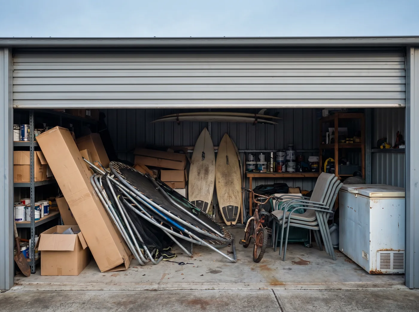 A double garage filled with years of accumulated household items: trampoline frame, surfboards, boxes, paint tins, a chest freezer