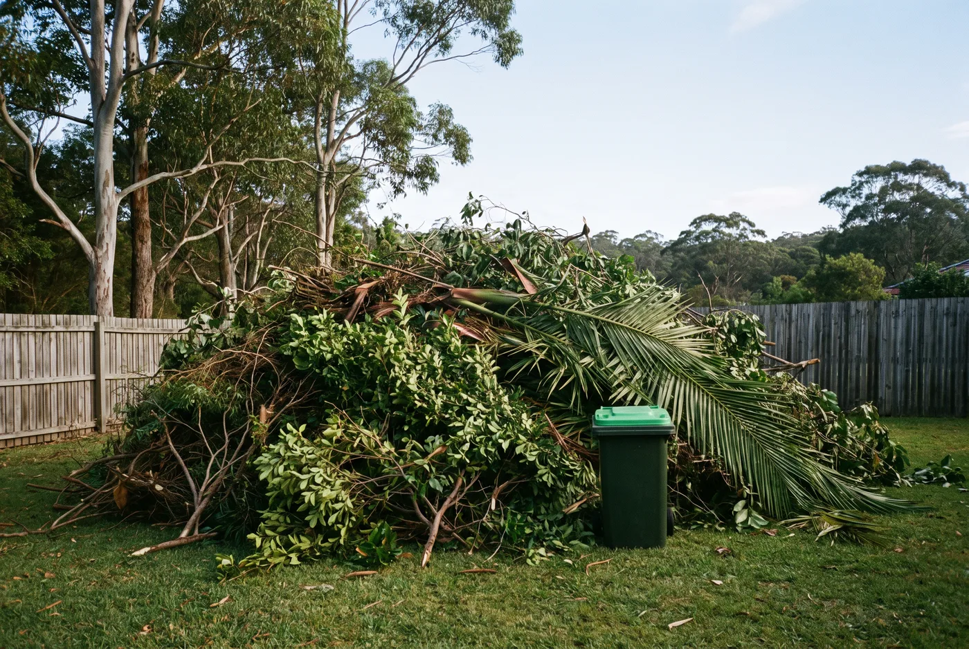 A large pile of cut branches, hedge trimmings and palm fronds on a bush-backed backyard lawn, dwarfing the single green-lidded council bin beside it