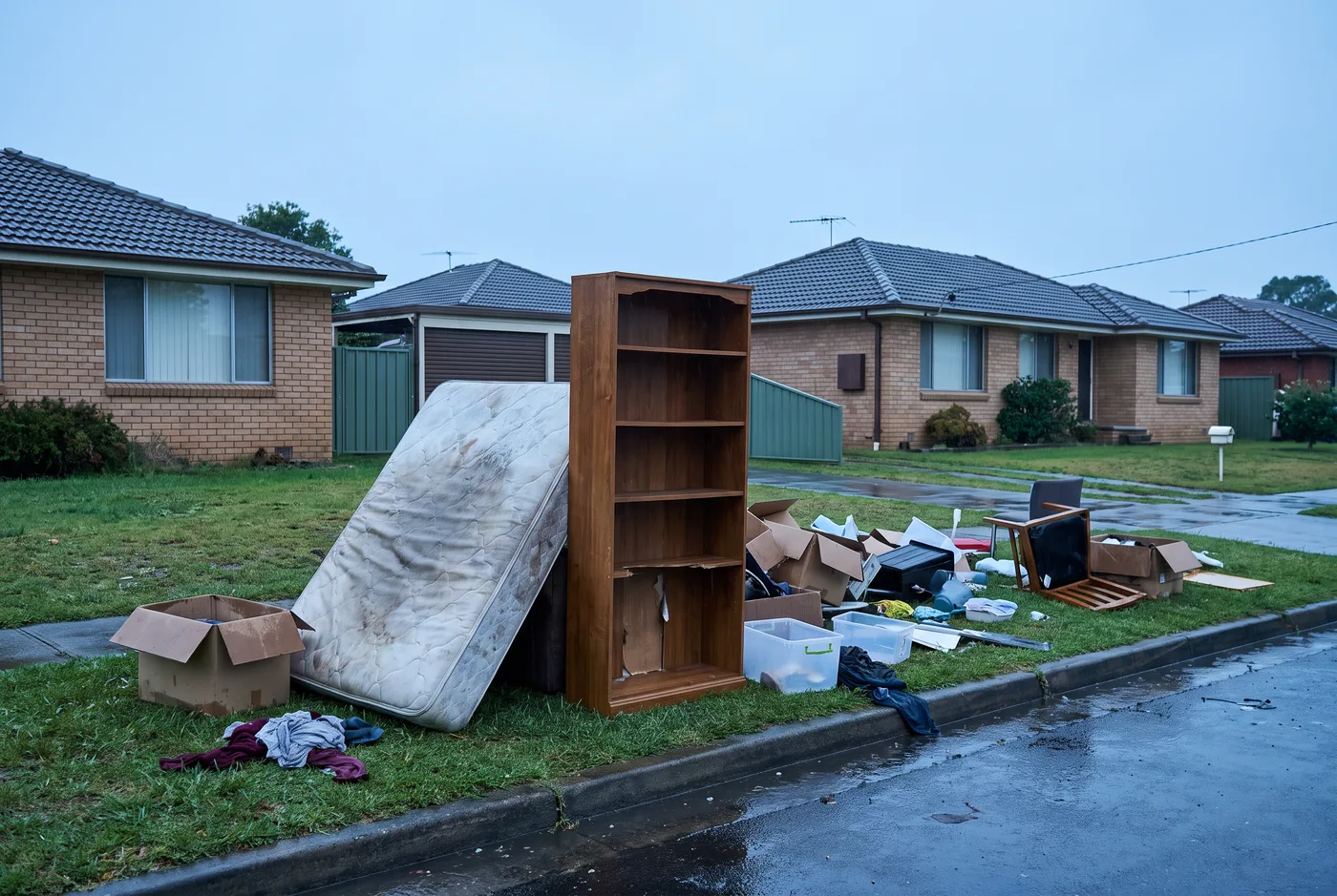 A picked-over kerbside cleanup pile on a wet grass verge the morning after rain: a stained mattress against a broken bookshelf, damp cardboard, scattered items