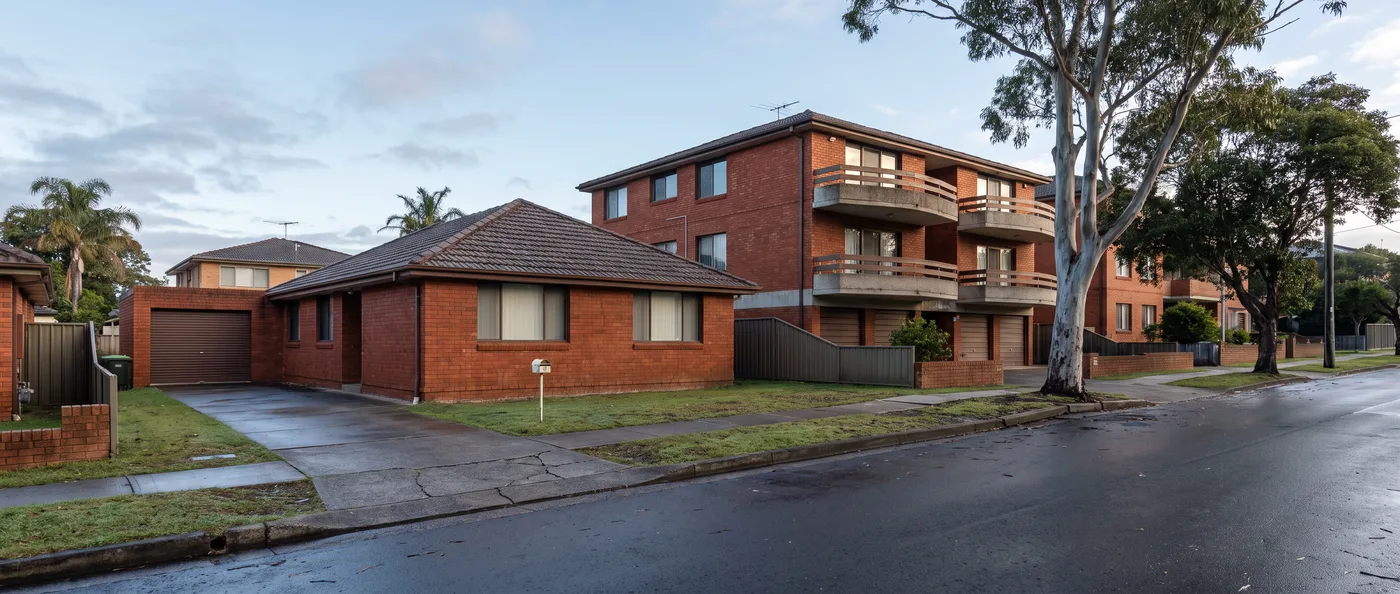 A Mona Vale street where a single-storey brick house with a garage sits directly beside a three-storey walk-up apartment block, wet road drying after a wind change