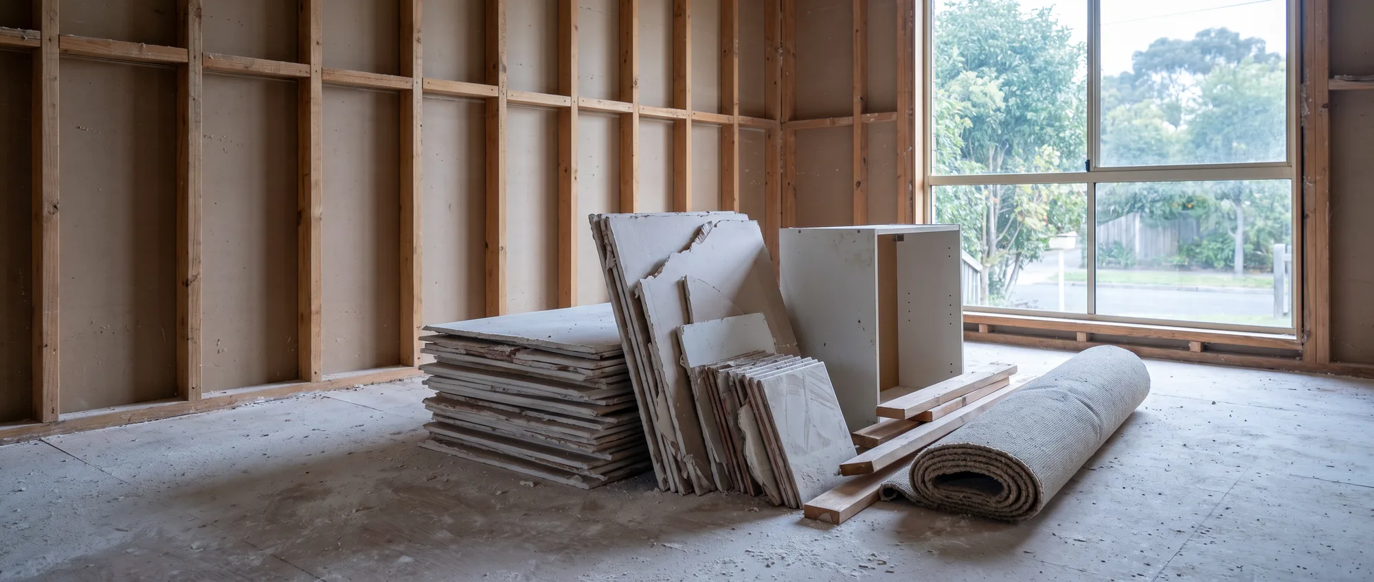A room mid-renovation stripped to timber stud framing, with plasterboard sheets, old wall tiles, a kitchen cupboard carcass, timber offcuts and a rolled carpet stacked on the bare subfloor