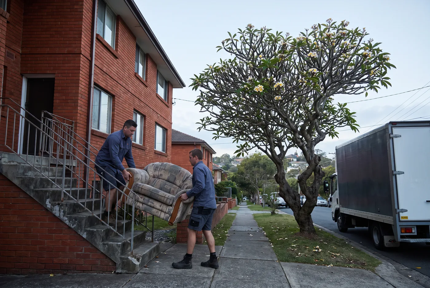 Two crew members carrying an old armchair down the external concrete stairs of a red-brick apartment block