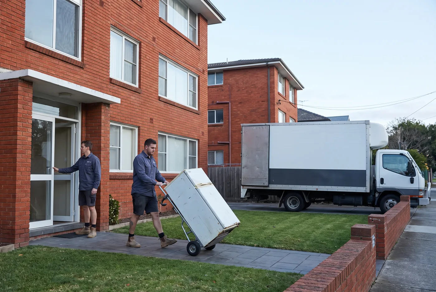 A crew member wheeling an old refrigerator on a hand trolley along the front path of a red-brick apartment block, truck at the kerb
