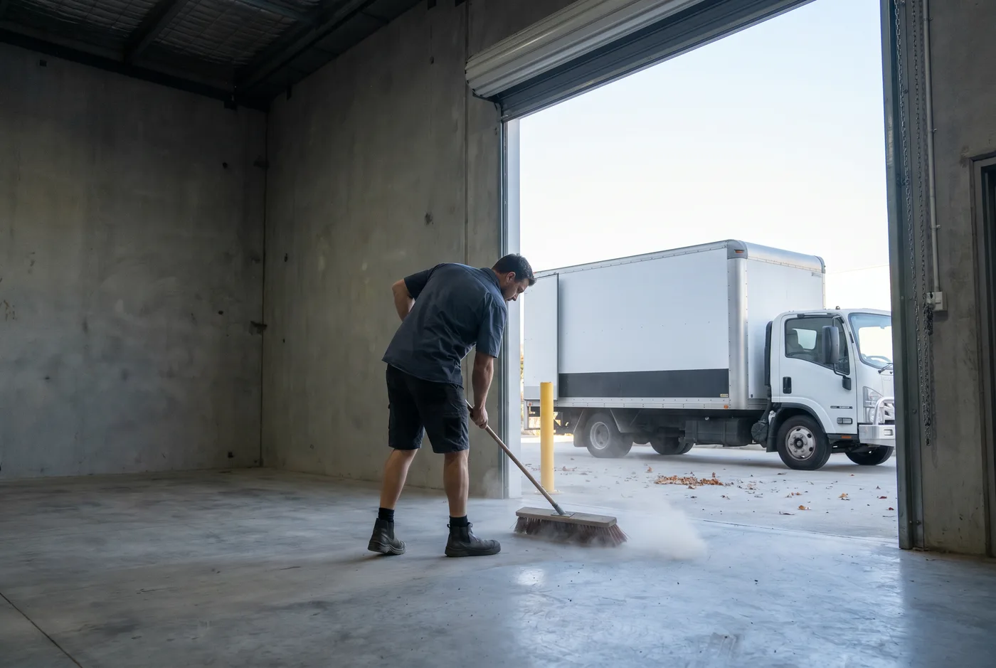 A crew member sweeping the last dust off a cleared concrete slab, truck outside the open door