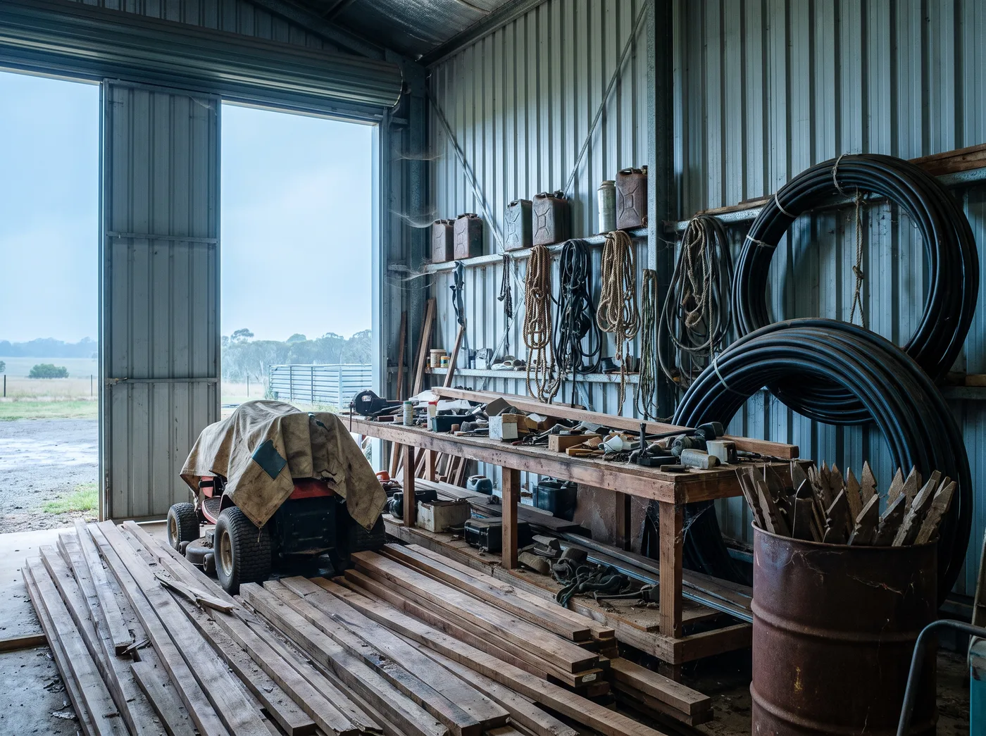 Inside a big rural steel shed on a Terrey Hills acreage: workbench, stacked hardwood lengths, a ride-on mower under a tarp, coiled irrigation pipe, star pickets in a drum